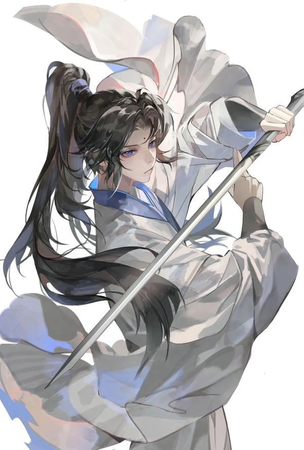 Chàng trai anime cổ trang với y phục xanh dương, tay cầm quạt