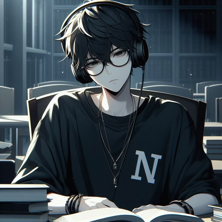Chàng trai anime đeo kính và tai nghe phong cách