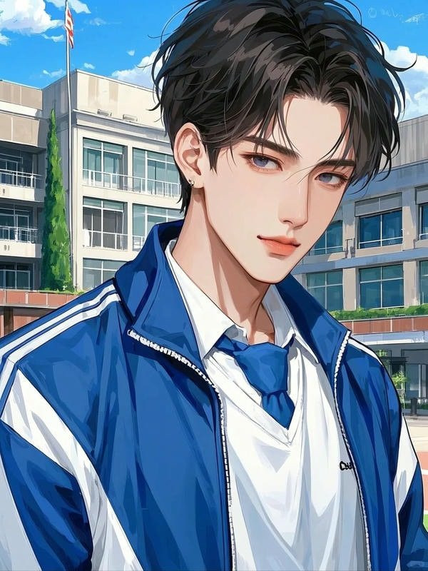 Chàng trai anime học đường đeo tai nghe, vẻ mặt trầm tư