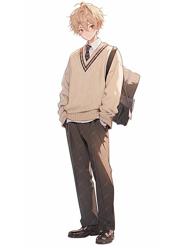 Chàng trai anime học đường dưới trời mưa, tay cầm ô