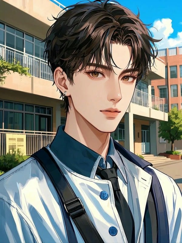 Chàng trai anime học đường mỉm cười nhẹ nhàng trong lớp học