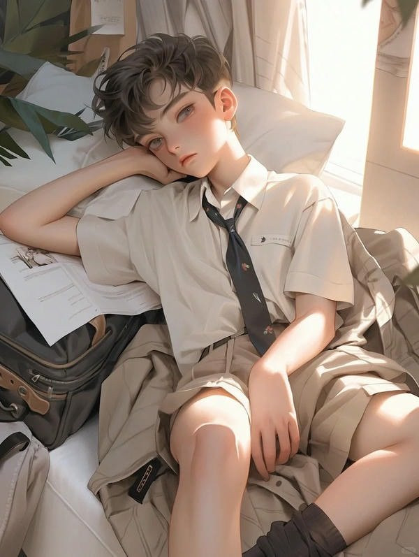 Chàng trai anime học đường ngồi một mình trên ghế, vẻ mặt buồn bã