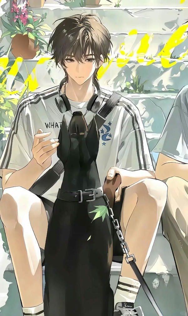 Chàng trai anime học đường ngồi trên cầu thang, tay ôm chân