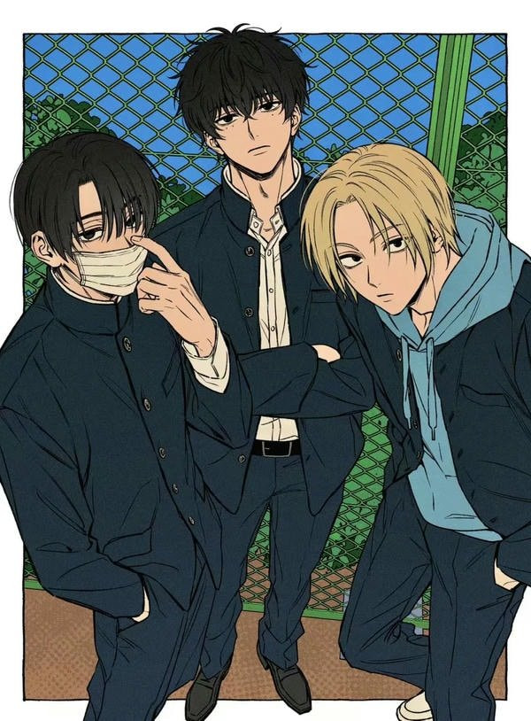 Chàng trai anime học đường ngồi trên ghế đá công viên