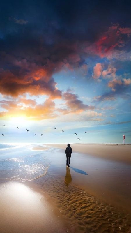 Chàng trai bước đi trên biển rộng lớn đầy ý chí