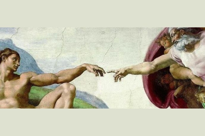 Chi tiết biểu tượng hai bàn tay của Chúa Trời và Adam gần chạm vào nhau trong Bức tranh Chúa tạo ra Adam.
