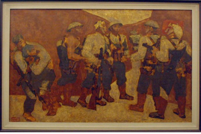 Chi tiết các chiến sĩ bị thương và đồng đội trong bức tranh Kết nạp Đảng ở Điện Biên Phủ