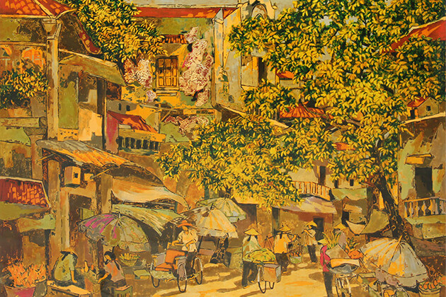 Chi tiết khảm vỏ trứng và màu sắc trong tranh sơn mài