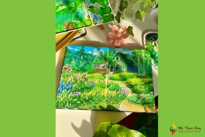 Chi tiết một bức tranh vẽ bằng màu gouache thể hiện độ bền màu trên bề mặt giấy