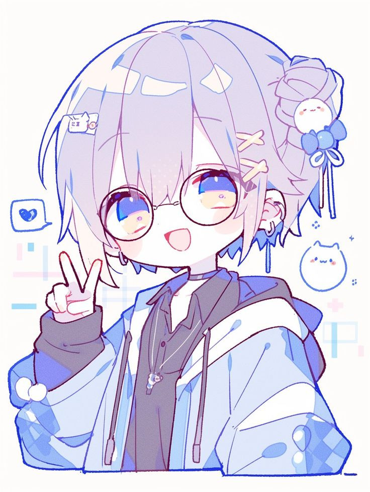 Chibi anime đeo kính với nụ cười rạng rỡ