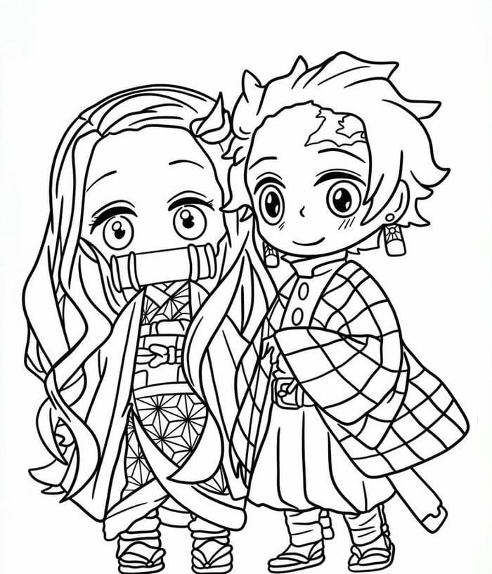 Chibi Tanjiro và Nezuko đáng yêu trong tranh tô màu