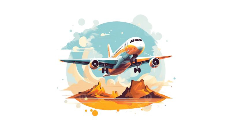 Chiếc máy bay dân dụng hiện đại đang cất cánh dưới bầu trời trong xanh với phong cách đồ họa anime