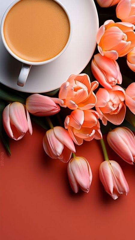 Chiêm ngưỡng hoa tulip buổi sáng với tách cà phê trên tay