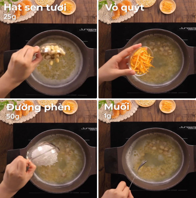 Cho hạt sen, vỏ quýt thái sợi và đường phèn vào nồi đậu xanh đang nấu chè Lục Tàu Xá