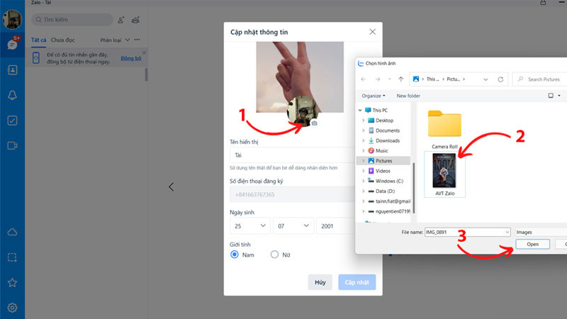 Chọn ảnh đại diện Zalo từ thư mục trên máy tính