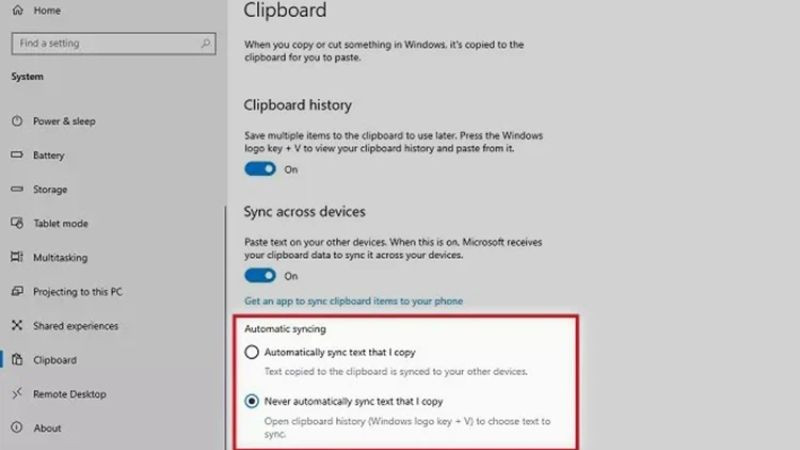 Chọn chế độ đồng bộ Clipboard tự động hoặc thủ công trên Windows