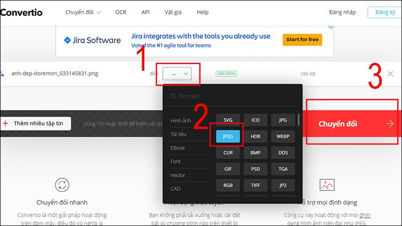 Chọn định dạng đích là JPEG và bắt đầu quá trình chuyển đổi file PNG