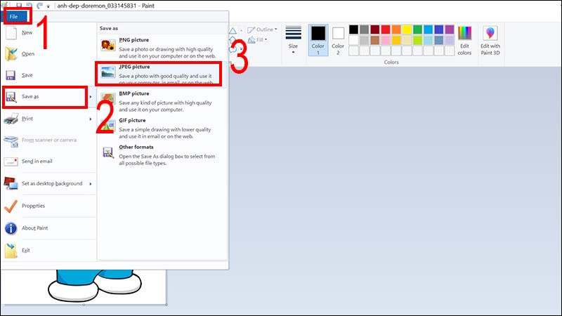 Chọn định dạng &quot;JPEG picture&quot; (Ảnh JPEG) trong cửa sổ lưu file của Paint