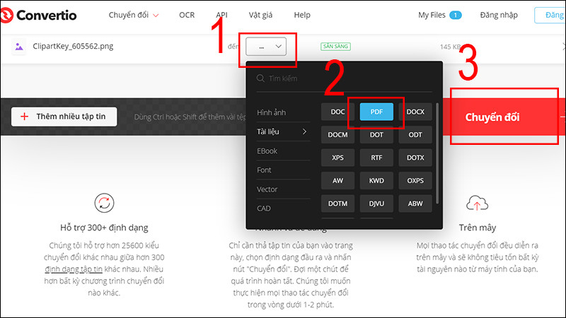 Chọn định dạng tài liệu là PDF để chuyển đổi file PNG đã chọn