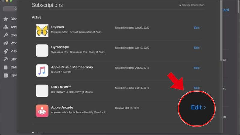 Chọn 'Edit' (Chỉnh sửa) để quản lý đăng ký Apple Arcade trên Mac