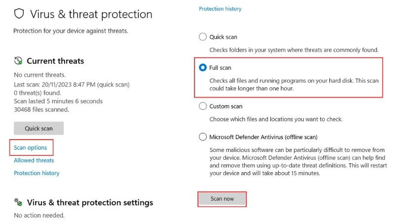 Chọn &quot;Full Scan&quot; trong các tùy chọn quét virus của Windows Defender