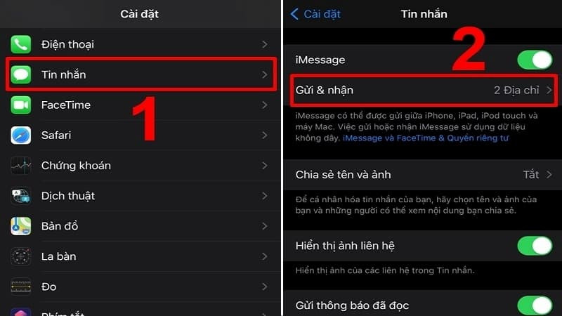 Chọn Gửi &amp; Nhận (Send &amp; Receive) trong cài đặt Tin nhắn để đăng xuất ID Apple