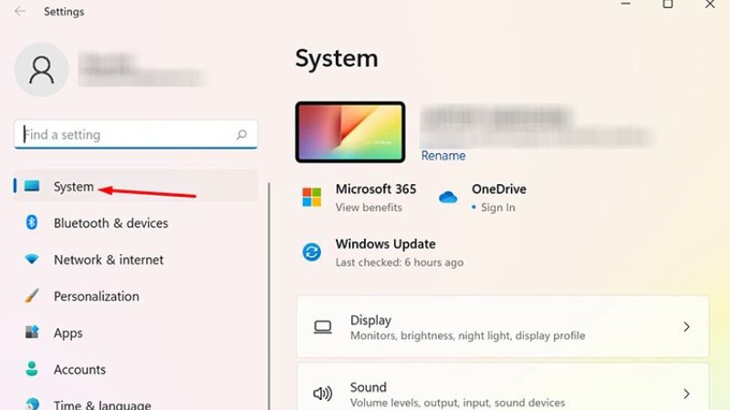 Chọn mục Hệ thống (System) trong giao diện Cài đặt Windows