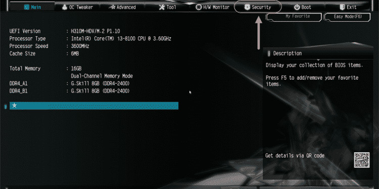 Chọn mục Security trong giao diện cài đặt BIOS để tìm tùy chọn TPM