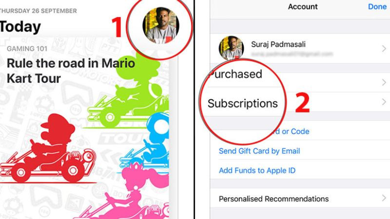 Chọn mục 'Subscriptions' (Đăng ký) trong cài đặt tài khoản App Store trên iPhone