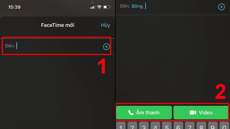 Chọn người nhận và loại cuộc gọi (âm thanh hoặc video) trong ứng dụng FaceTime