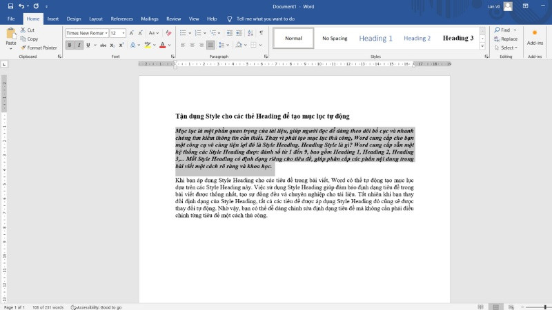 Chọn văn bản và áp dụng định dạng thủ công ban đầu để tạo Style mới