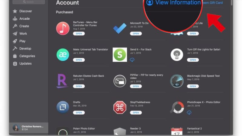 Chọn 'View Information' (Xem thông tin) trong menu tài khoản App Store trên MacBook
