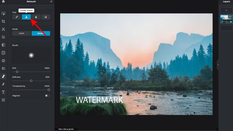 Chọn vùng ảnh làm nguồn bằng công cụ Clone Stamp trong Pixlr E