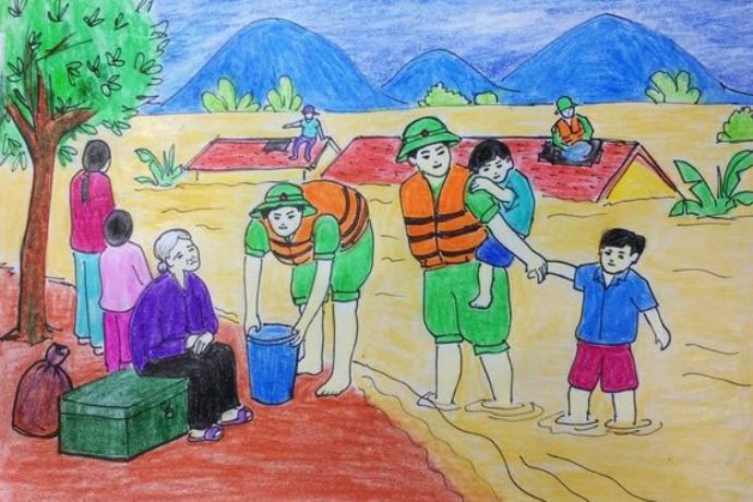 Chú bộ đội tham gia làm đường cùng thanh niên địa phương