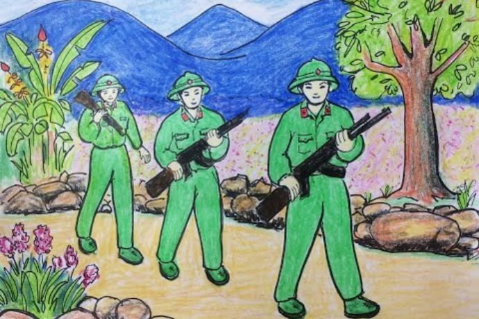 Chú bộ đội vượt suối trong quá trình hành quân