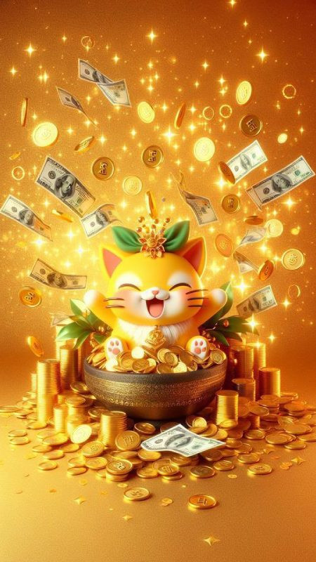 Chú mèo thần tài vàng đang giơ chân chào mời với đồng xu may mắn làm ảnh nền điện thoại 4K