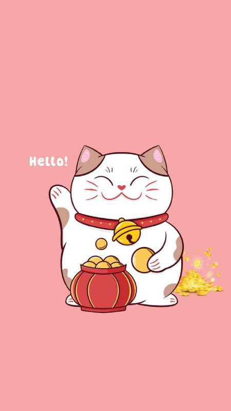 Chú mèo thần tài vẫy tay trên nền hoa anh đào làm hình nền 4K