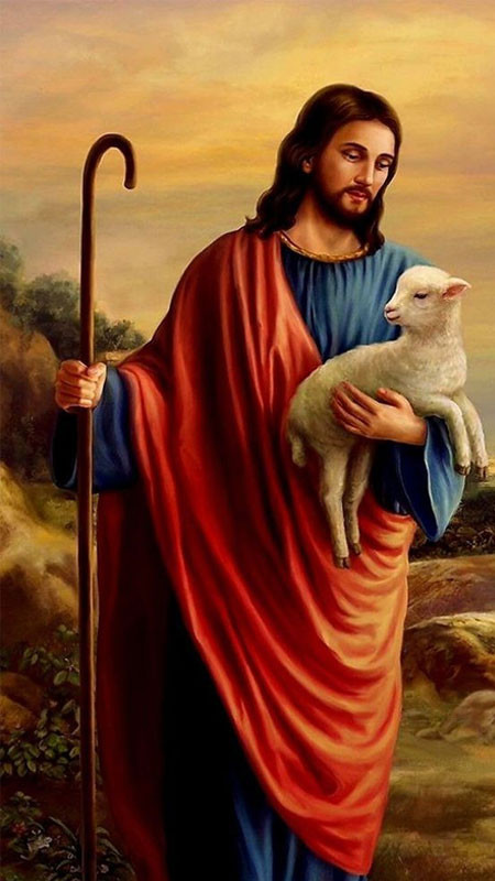 Chúa Giêsu Mục Tử trên đồi, nhìn về phía đàn cừu