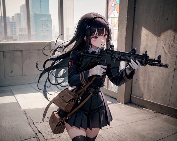 Cô gái anime bắn súng với biểu cảm lạnh tanh