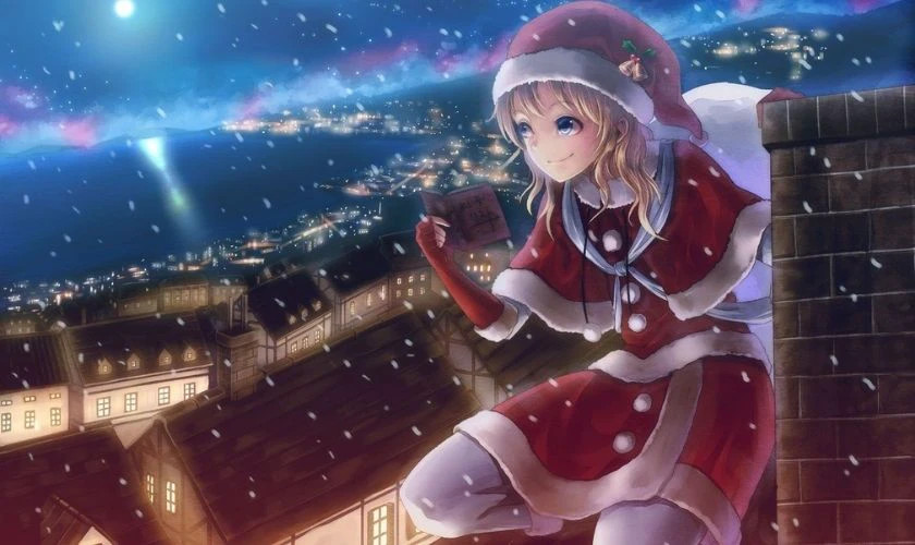 Cô gái anime chibi ngắm tuyết rơi đêm Giáng sinh