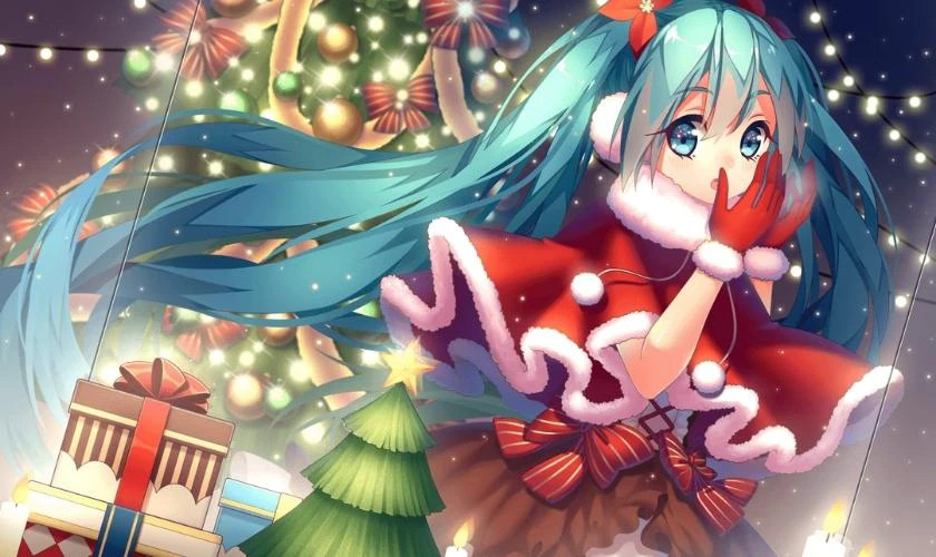 Cô gái anime chibi tóc xanh lá cây trong bộ đồ Noel