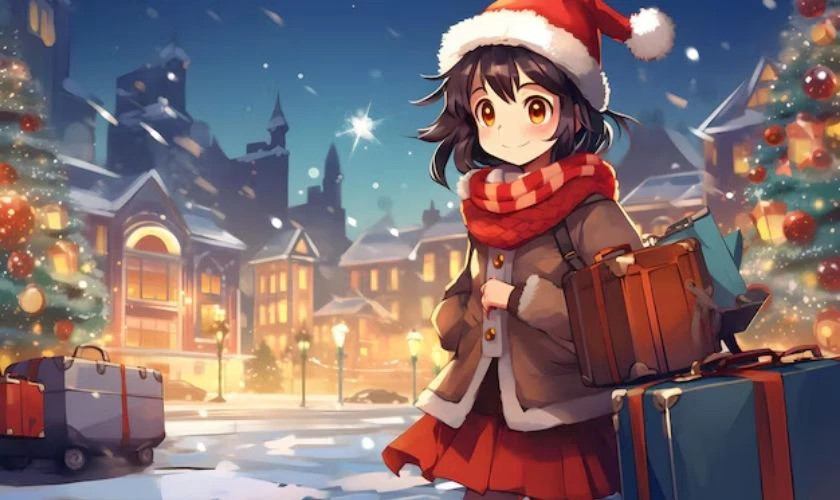 Cô gái anime chibi với biểu cảm ngây ngô đáng yêu mùa Giáng sinh
