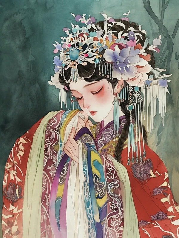 Cô gái anime cổ trang trong tư thế múa