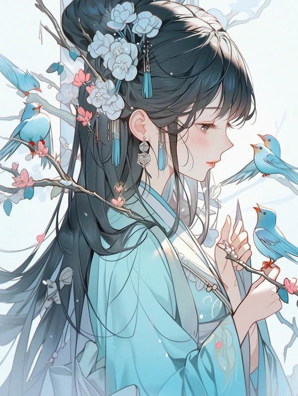 Cô gái anime cổ trang với mái tóc tết cầu kỳ