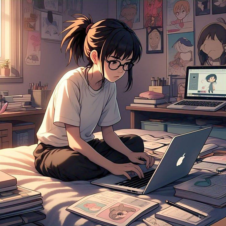 Cô gái anime đeo kính cùng laptop và sách vở