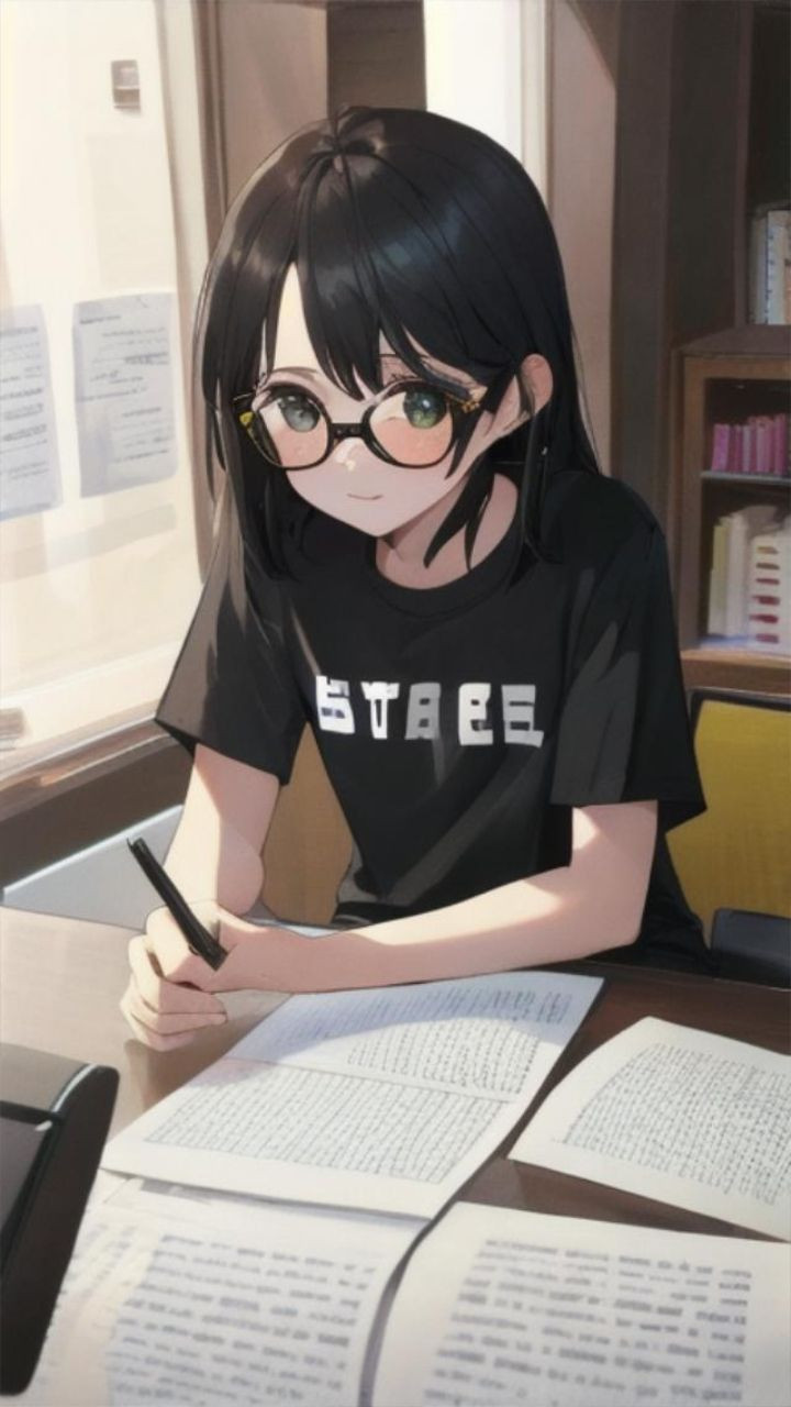 Cô gái anime đeo kính đang viết bài trong lớp học