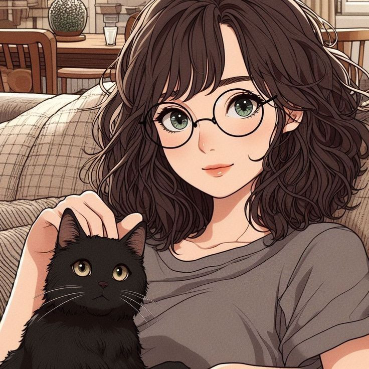 Cô gái anime đeo kính với mái tóc xoăn lãng mạn