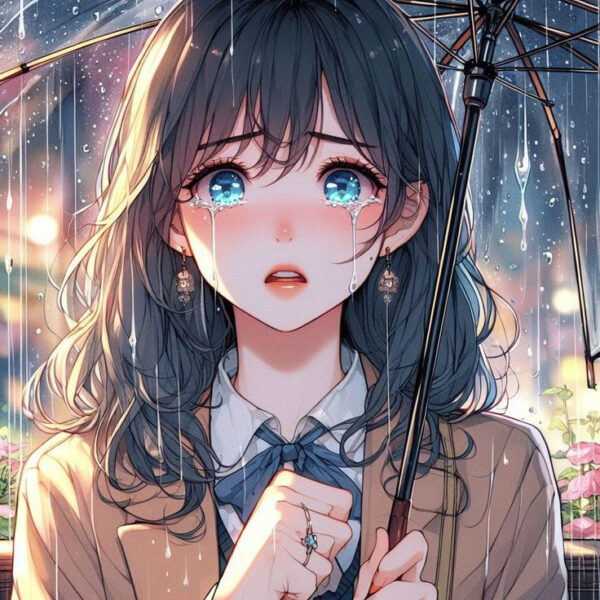 Cô gái anime khóc nhẹ nhàng dưới cơn mưa