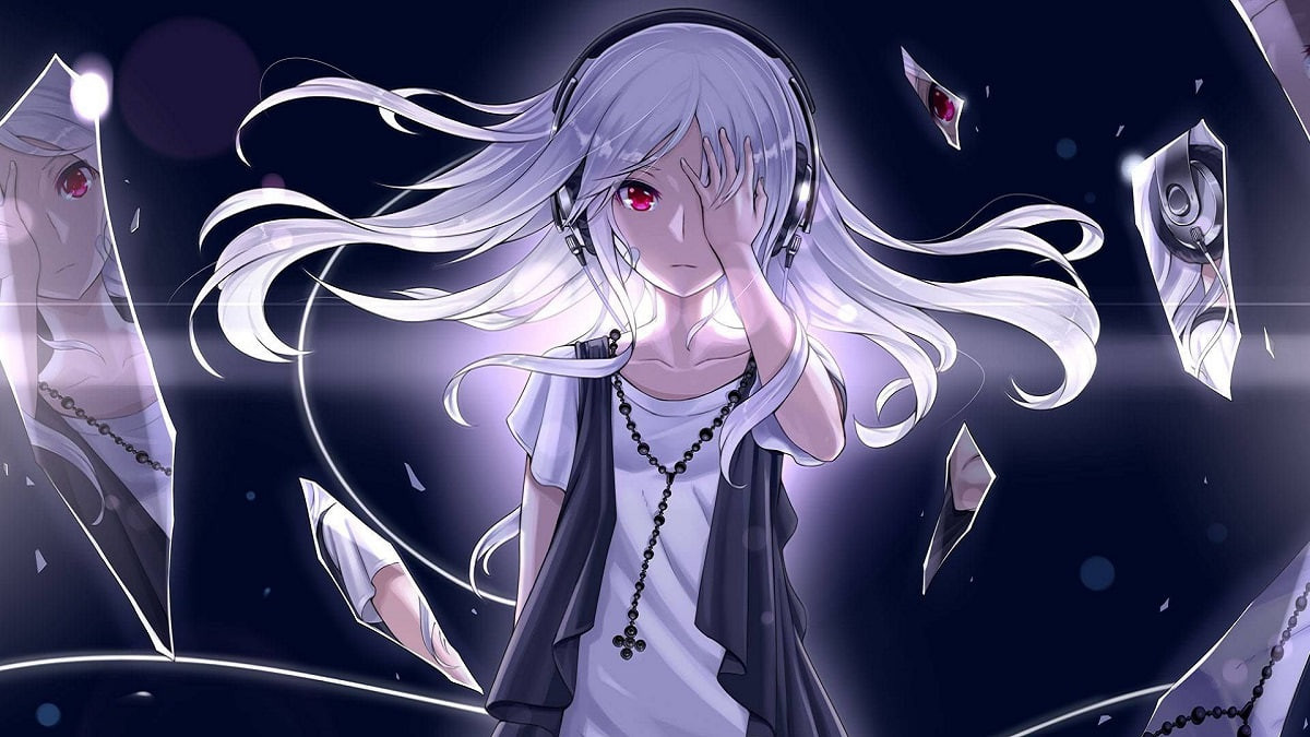 Cô gái anime lạnh lùng đứng dưới ánh trăng hoặc trong bối cảnh đêm tối