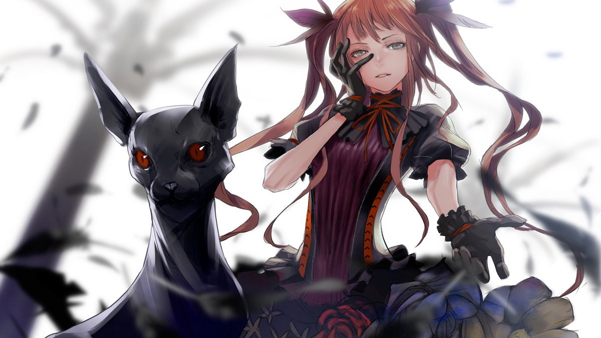 Cô gái anime lạnh lùng ngồi cạnh chú mèo đen bí ẩn